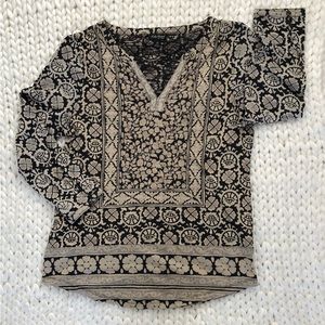 LUCKY BRANDS black tan boho pattern leaves flowers split neck long sleeve EUC M